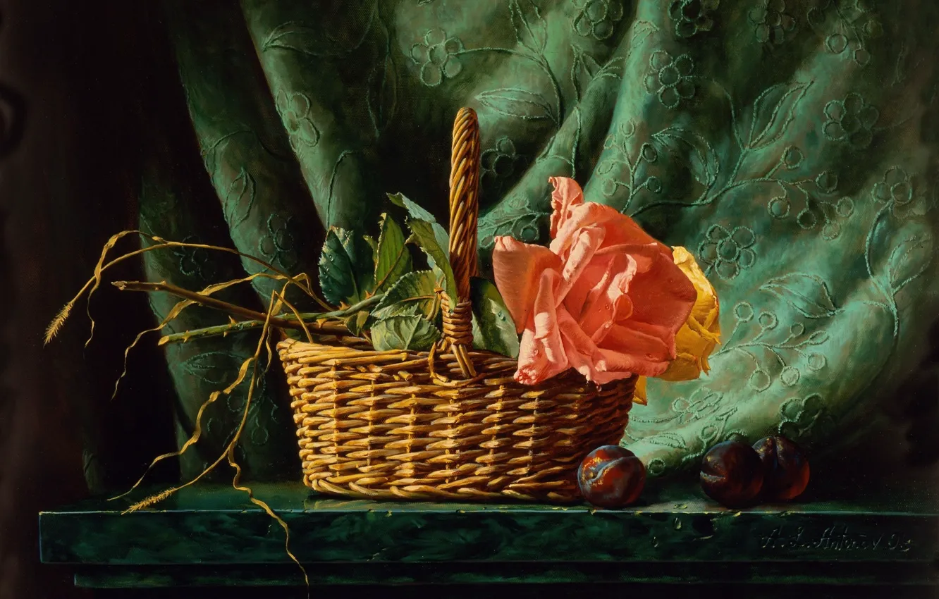 Photo wallpaper roses, picture, still life, painting, basket, Alexei Antonov, plum