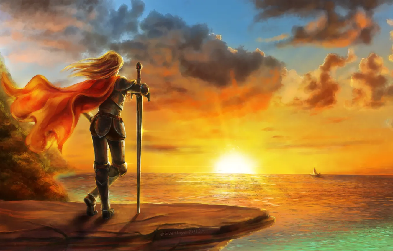 Photo wallpaper sea, girl, sunset, the wind, sailboat, sword, art, cloak