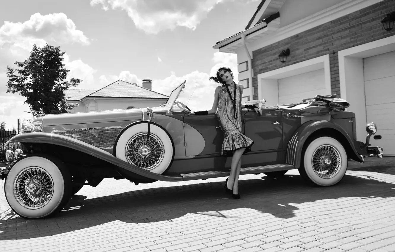 Photo wallpaper girl, retro, car, classic