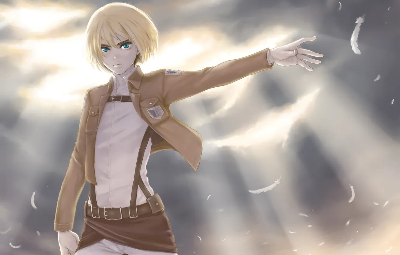 Photo wallpaper look, the wind, feathers, soldiers, guy, gesture, art, Shingeki no Kyojin