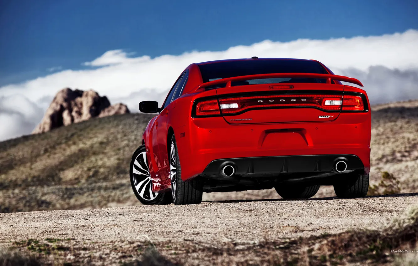 Photo wallpaper the sky, clouds, red, nature, Dodge, charger, hill