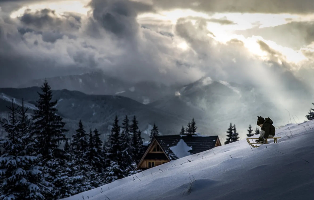 Photo wallpaper winter, boy, sled