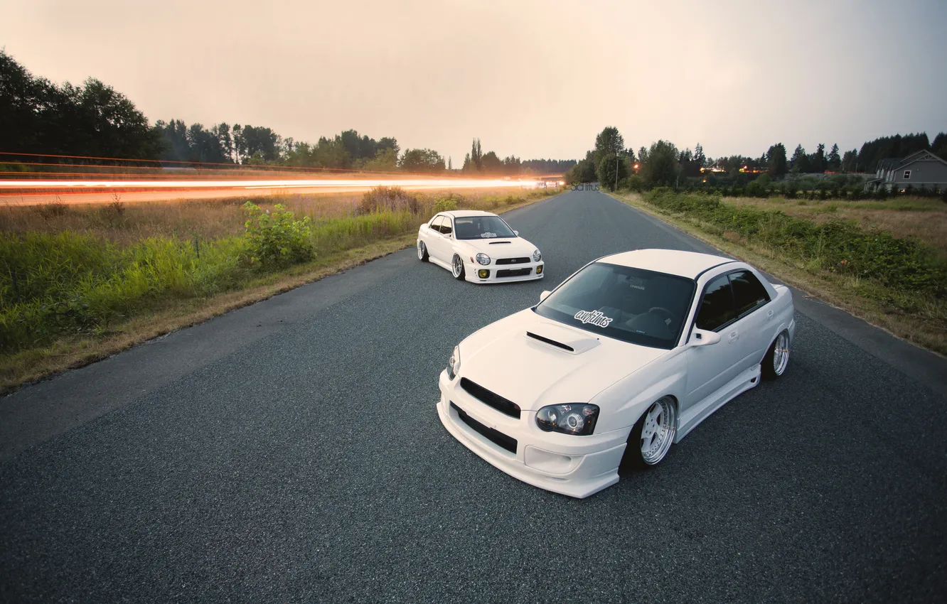 Photo wallpaper white, tuning, two, Subaru, Impreza, STI, Subaru, Impreza