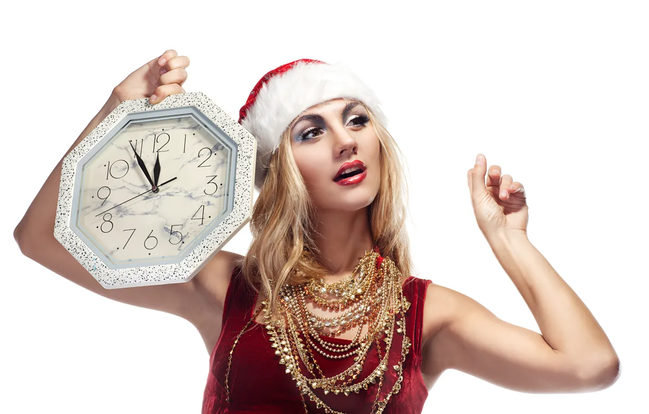 Photo wallpaper decoration, red, time, pose, holiday, hat, watch, new year