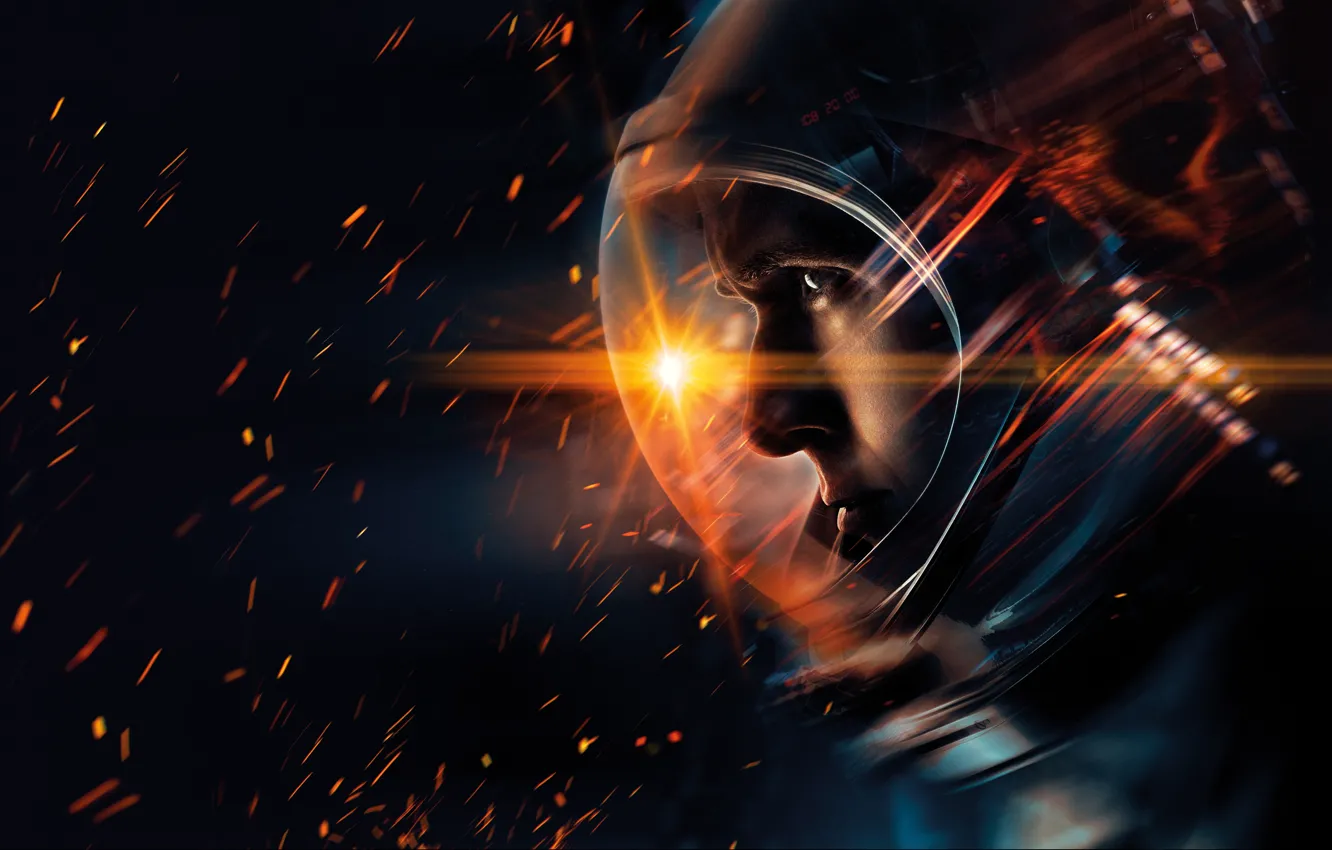 Photo wallpaper the suit, sparks, black background, poster, astronaut, Neil Armstrong, Ryan Gosling, Ryan Gosling