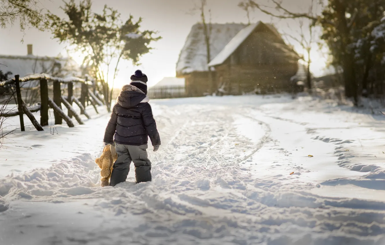 Photo wallpaper winter, snow, toy, boy, village