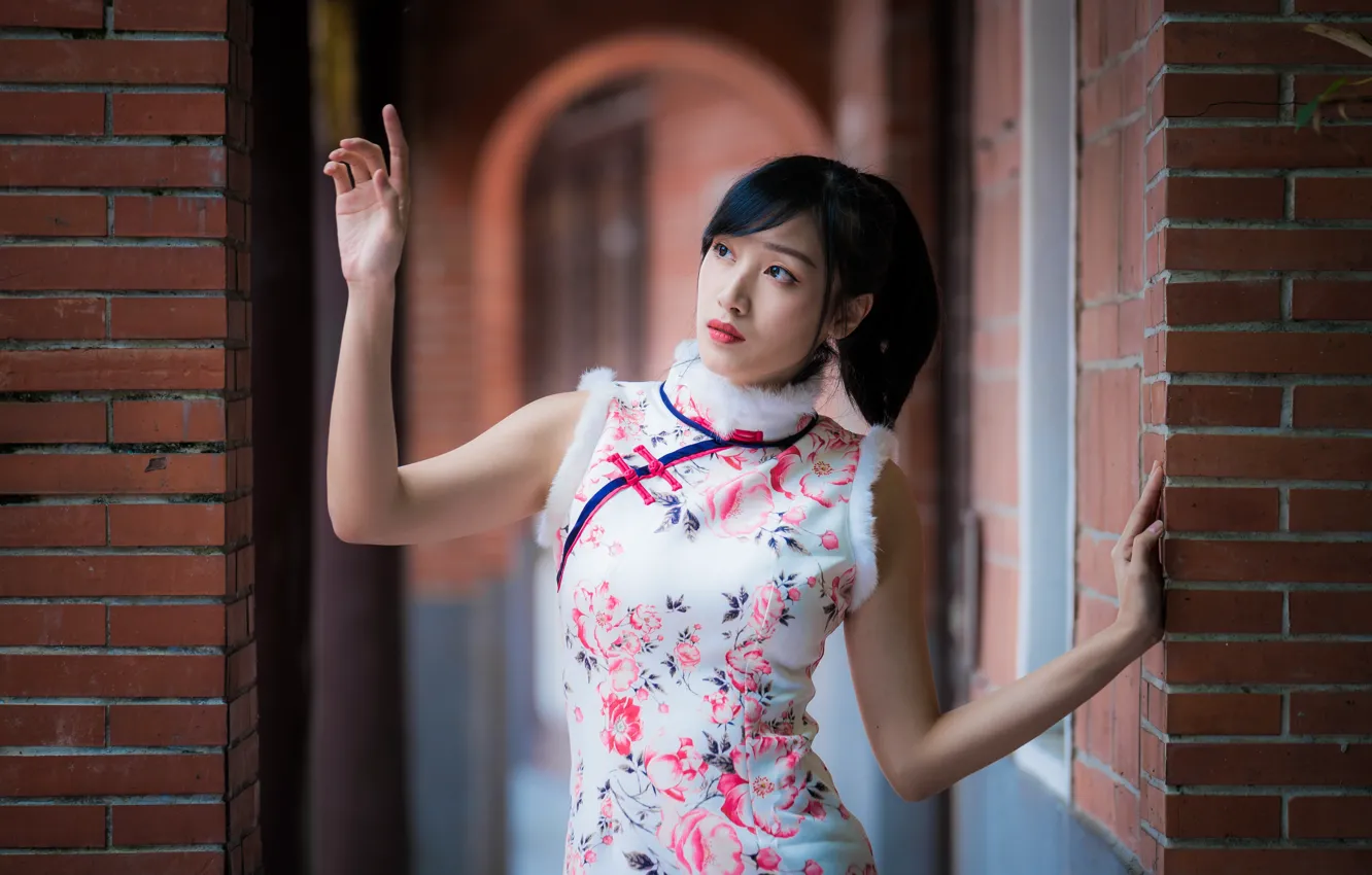 Photo wallpaper girl, pose, dress, Asian, bokeh