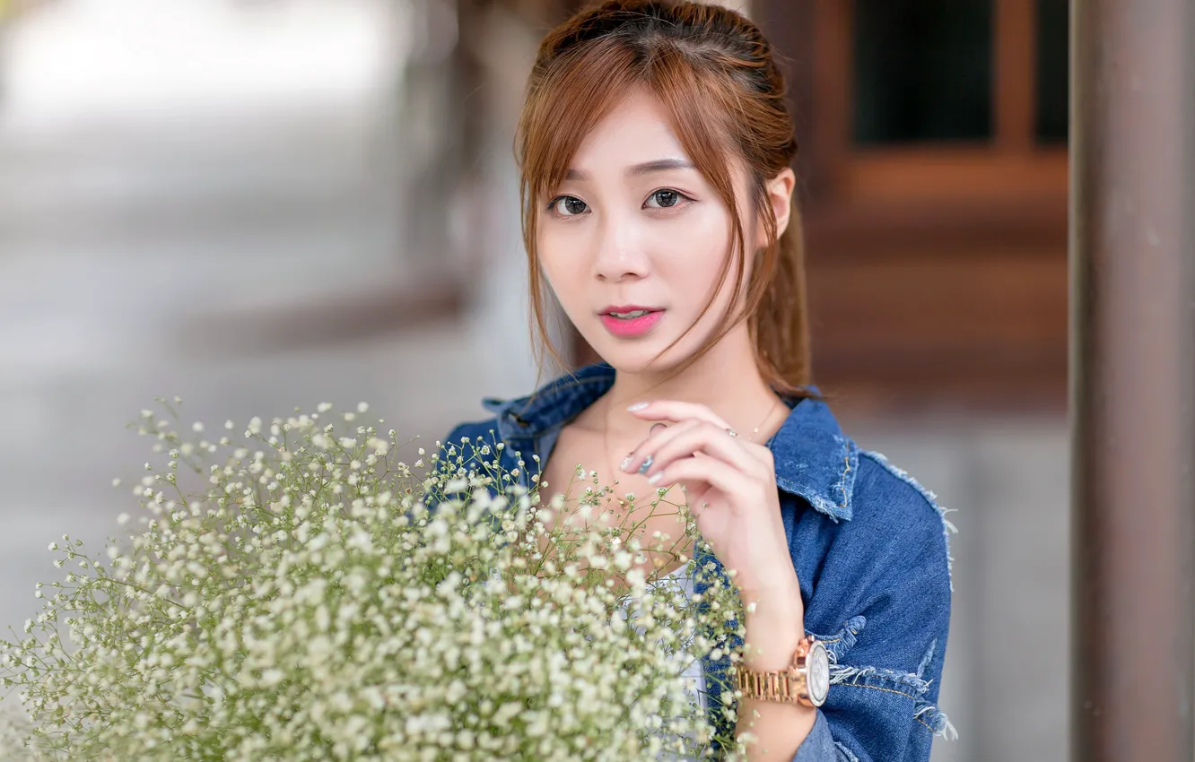 Photo wallpaper look, girl, bouquet, Asian, cutie