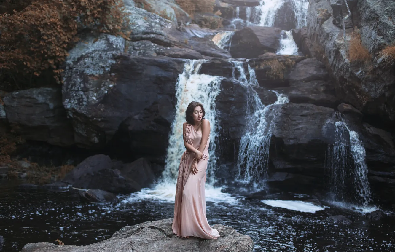 Photo wallpaper girl, waterfall, dress