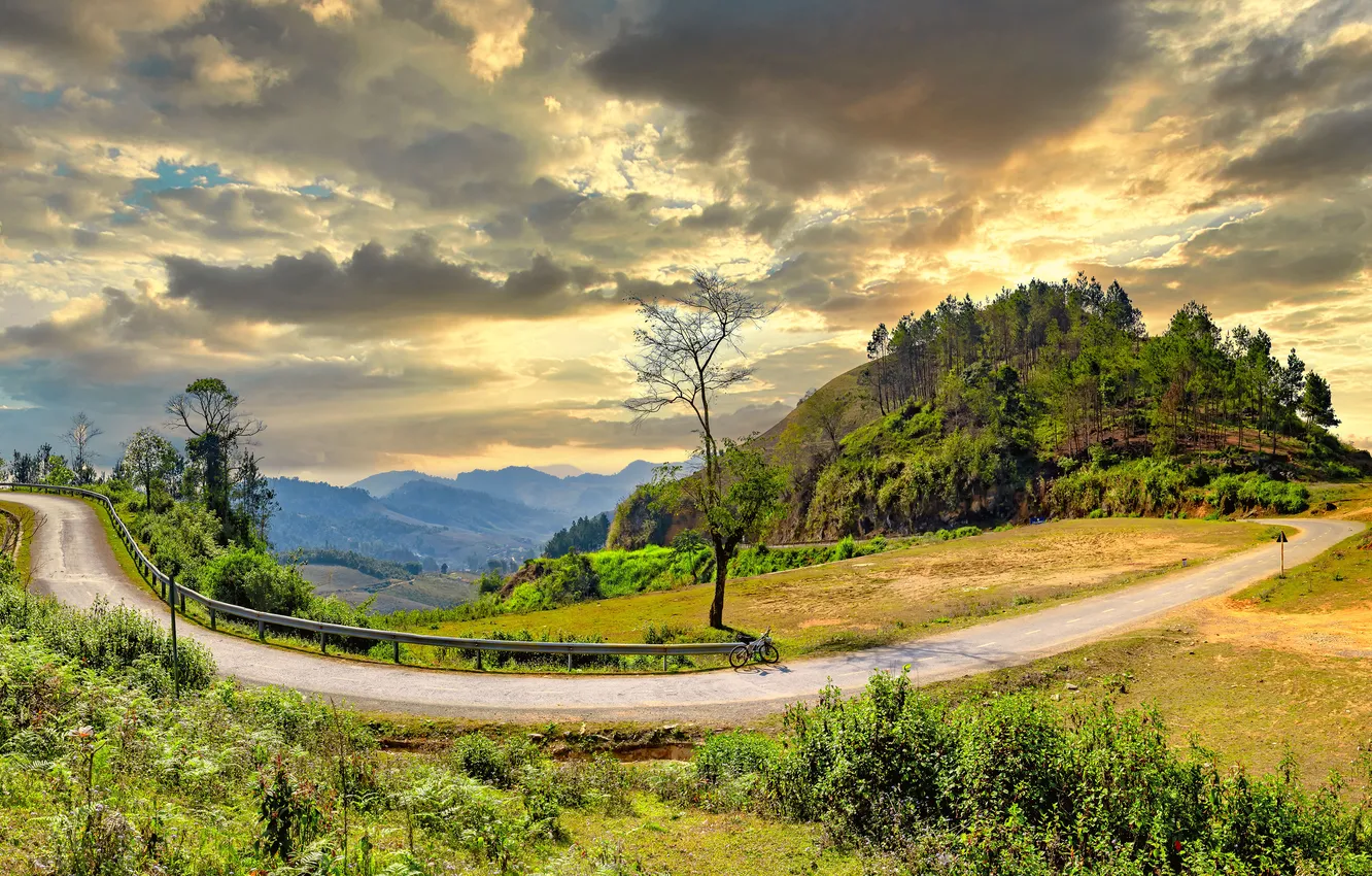 Photo wallpaper road, clouds, trees, mountains
