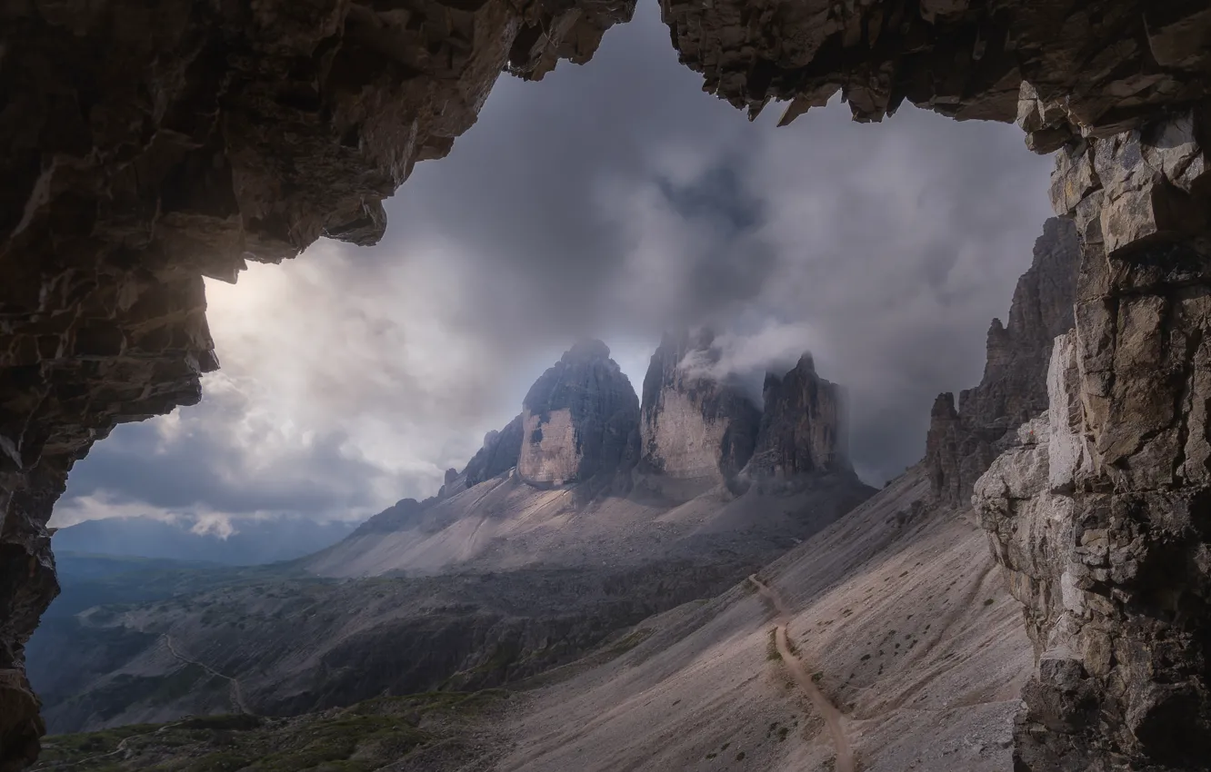 Photo wallpaper mountains, stones, rocks, view, cave, arch, The Dolomites