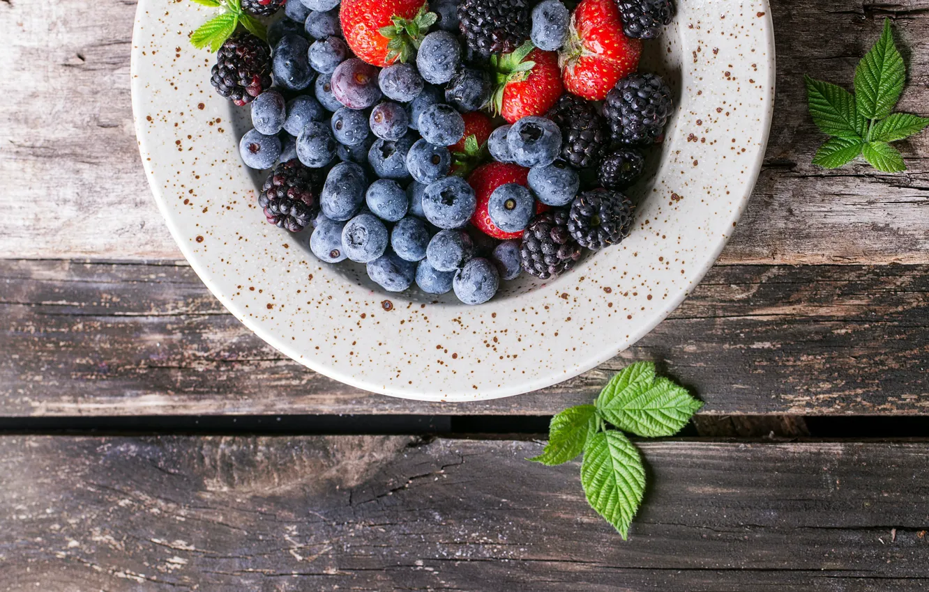 Photo wallpaper berries, blueberries, strawberry, plate, BlackBerry