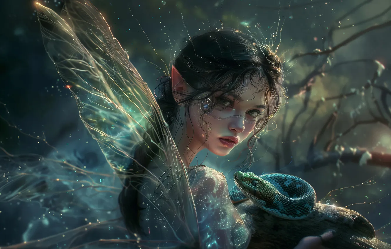 Photo wallpaper look, girl, night, snake, wings, fantasy, elf, AI art