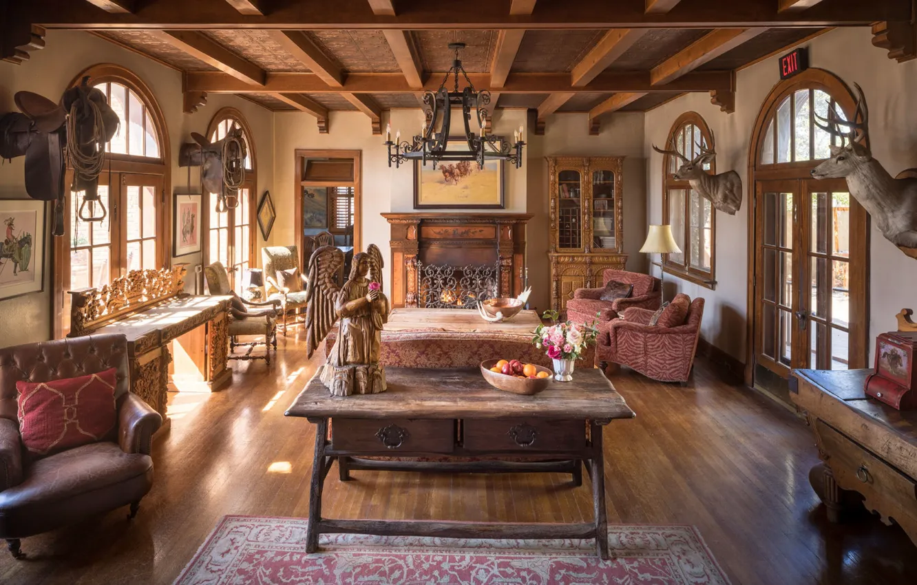 Photo wallpaper design, interior, fireplace, living room, colonial style