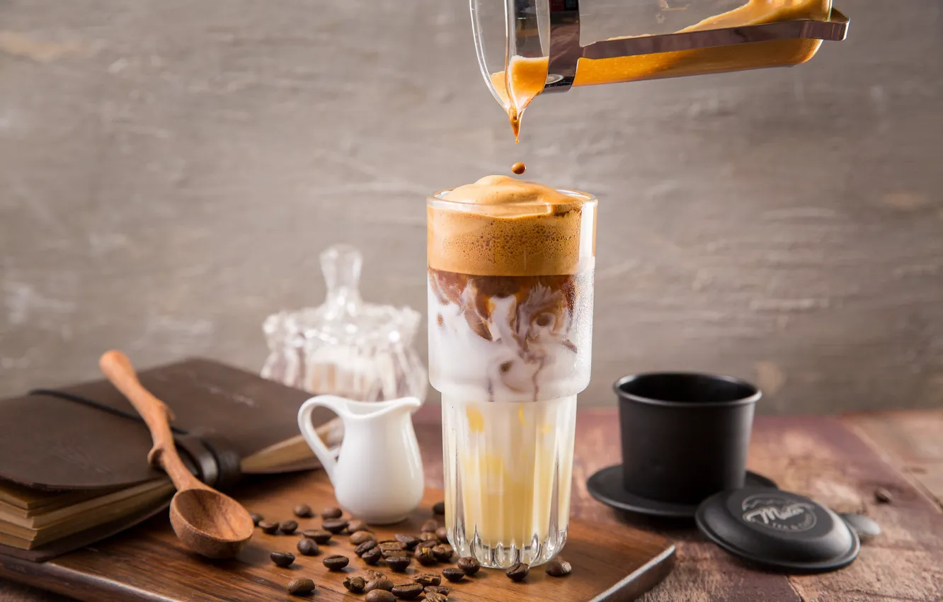 Photo wallpaper glass, coffee, grain, latte