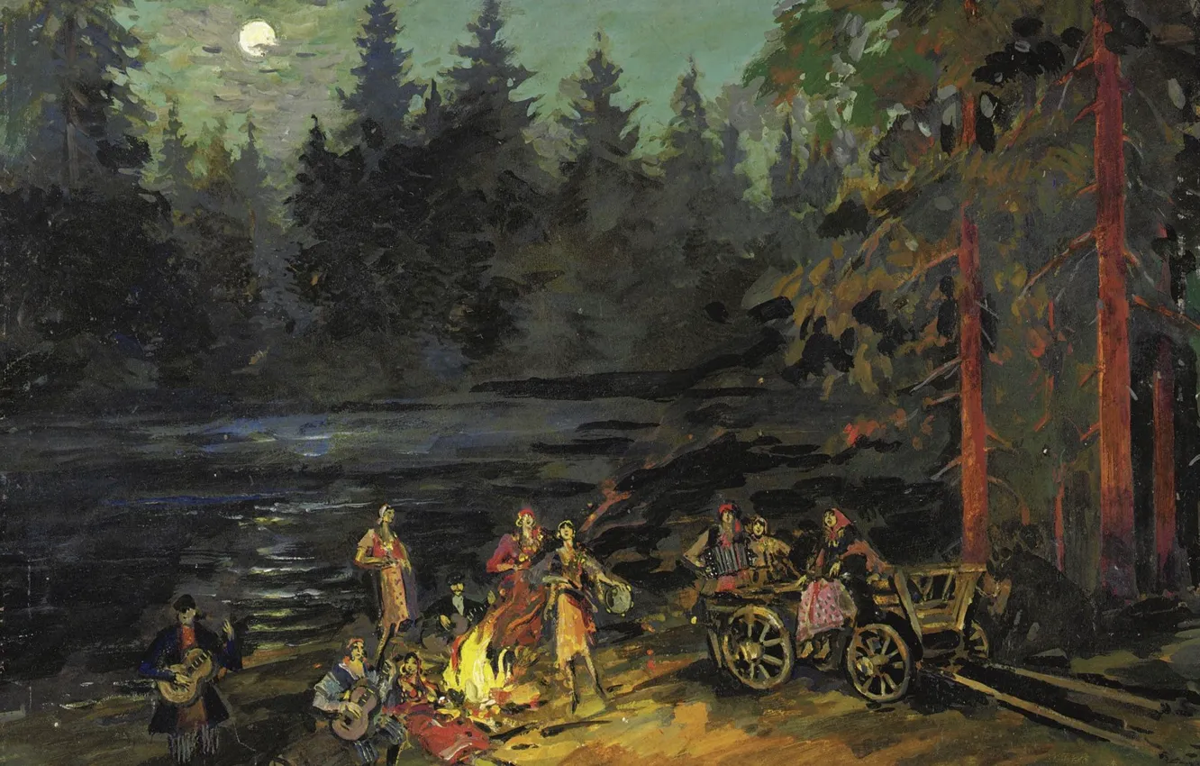 Photo wallpaper forest, landscape, night, picture, the fire, Konstantin Korovin, Gypsies by the River. Yaroslavl Province
