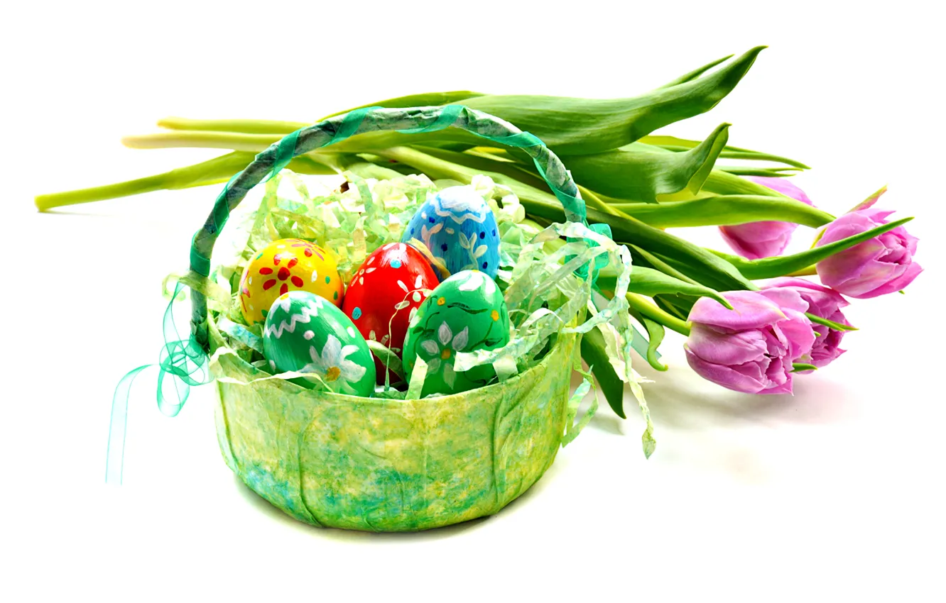 Photo wallpaper flowers, eggs, Easter, tulips, pink, basket