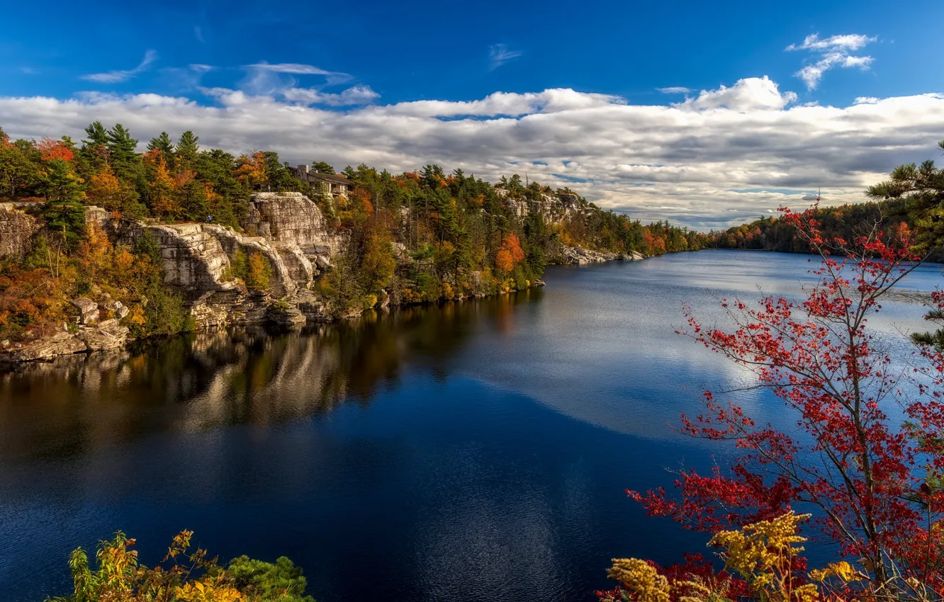 Photo wallpaper autumn, trees, lake, rocks, New York, the state of new York, Park Minnewaska, Minnewaska State …