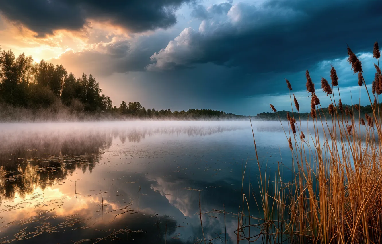 Photo wallpaper landscape, lake, fog