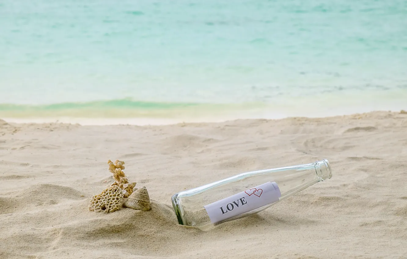 Photo wallpaper sand, sea, beach, summer, letter, bottle, summer, love
