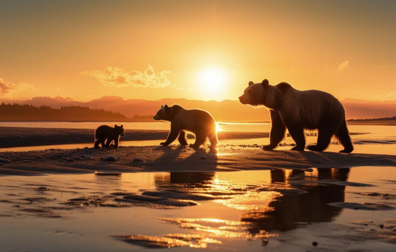 Photo wallpaper sunset, bear, silhouette, walk, AI art, neural network