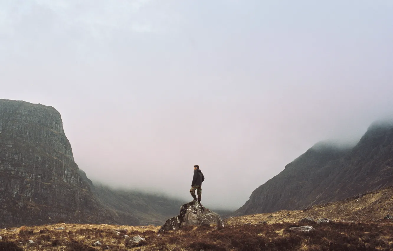 Photo wallpaper mountains, fog, stone, back, male, valley, hood