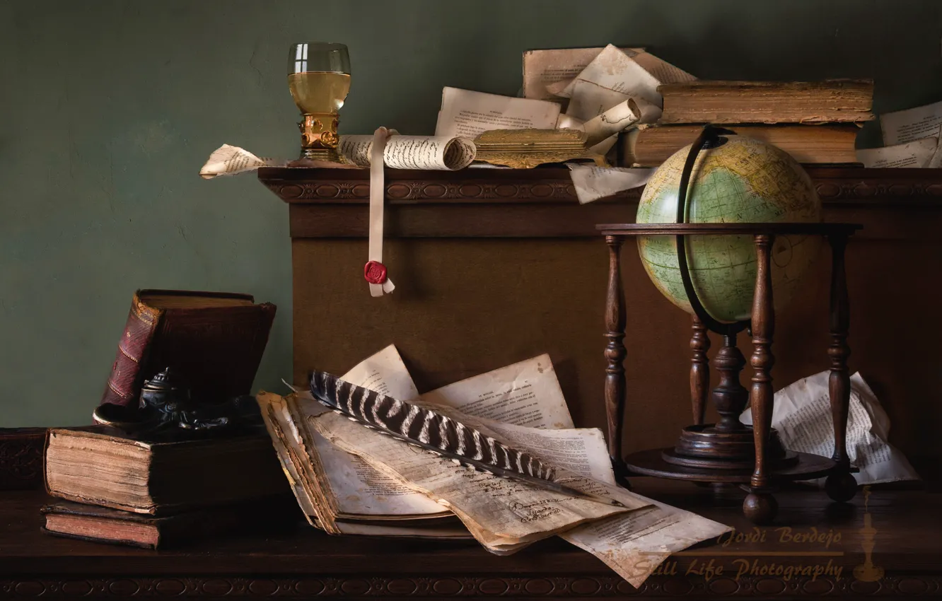 Photo wallpaper pen, glass, books, still life, globe, paper