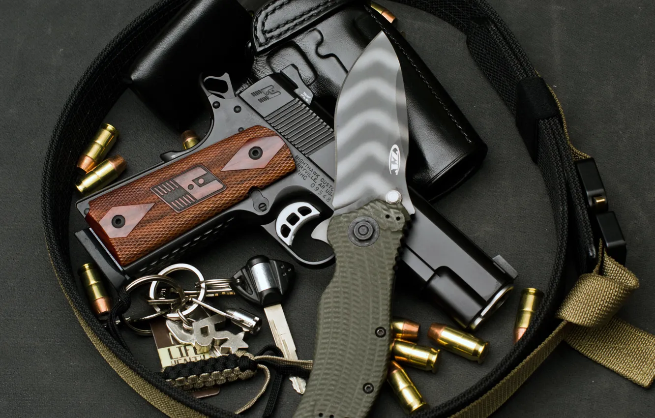 Photo wallpaper gun, key, knife, strap, cartridges, holster, custom, Nighthawk