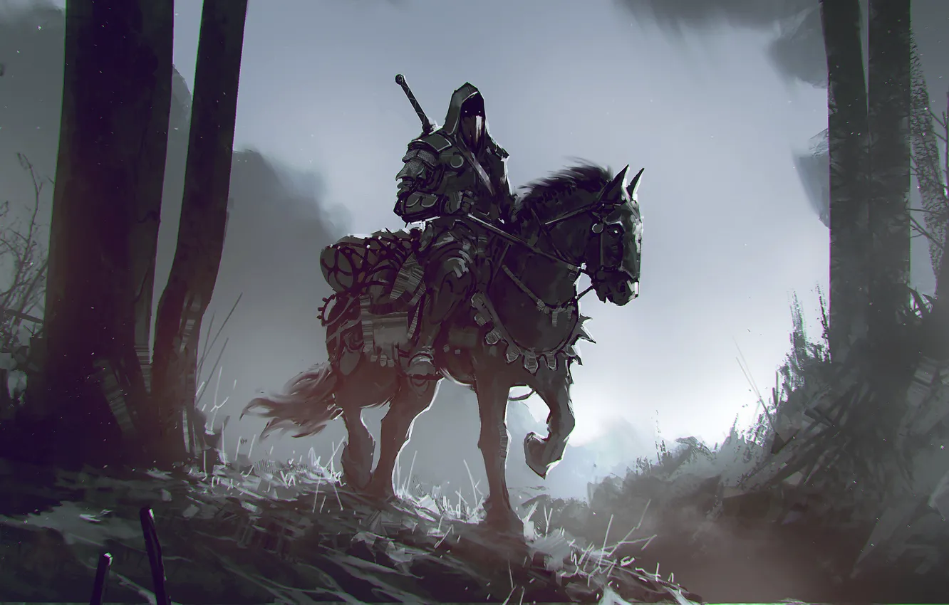 Photo wallpaper forest, fiction, horse, horse, figure, warrior, forest, art