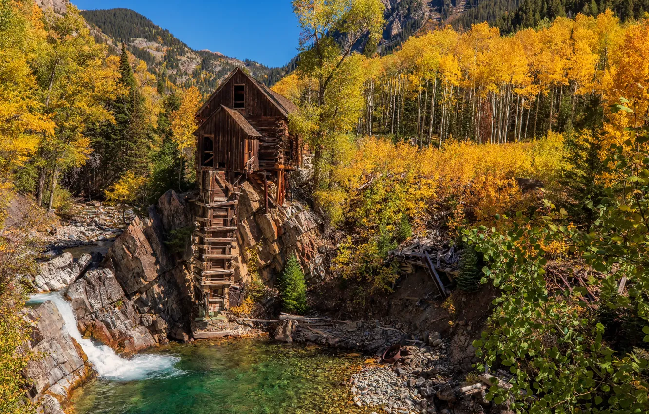 Photo wallpaper autumn, forest, mountains, water mill