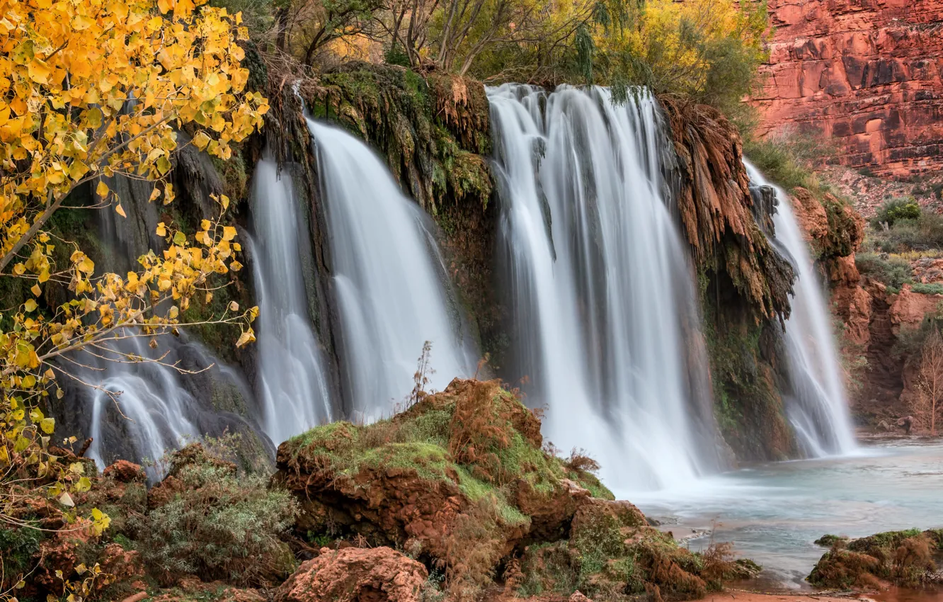 Photo wallpaper autumn, waterfall, stream