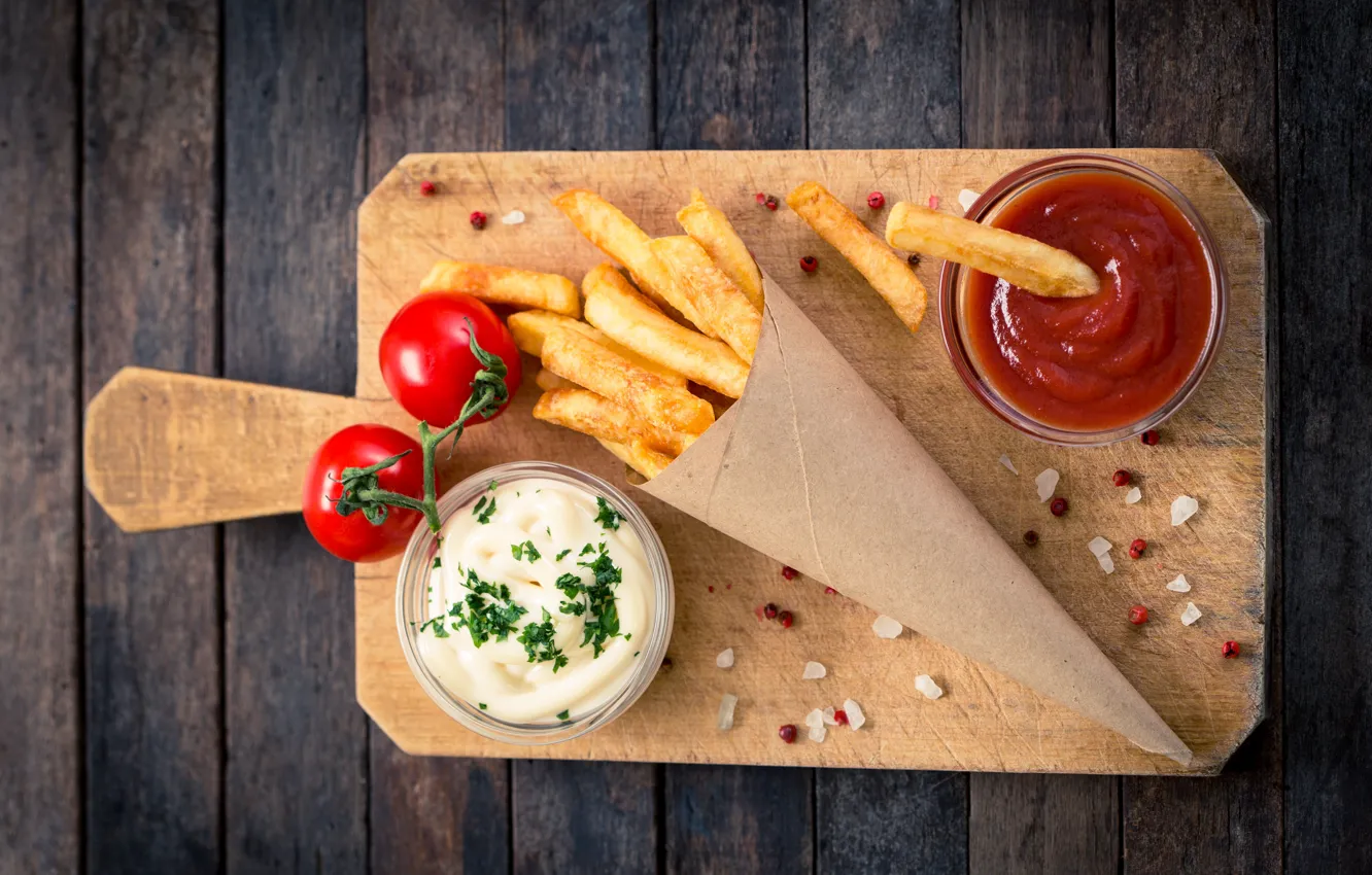 Photo wallpaper rosemary, Portion, Wooden Board, French Potatoes, sauce tomatoes