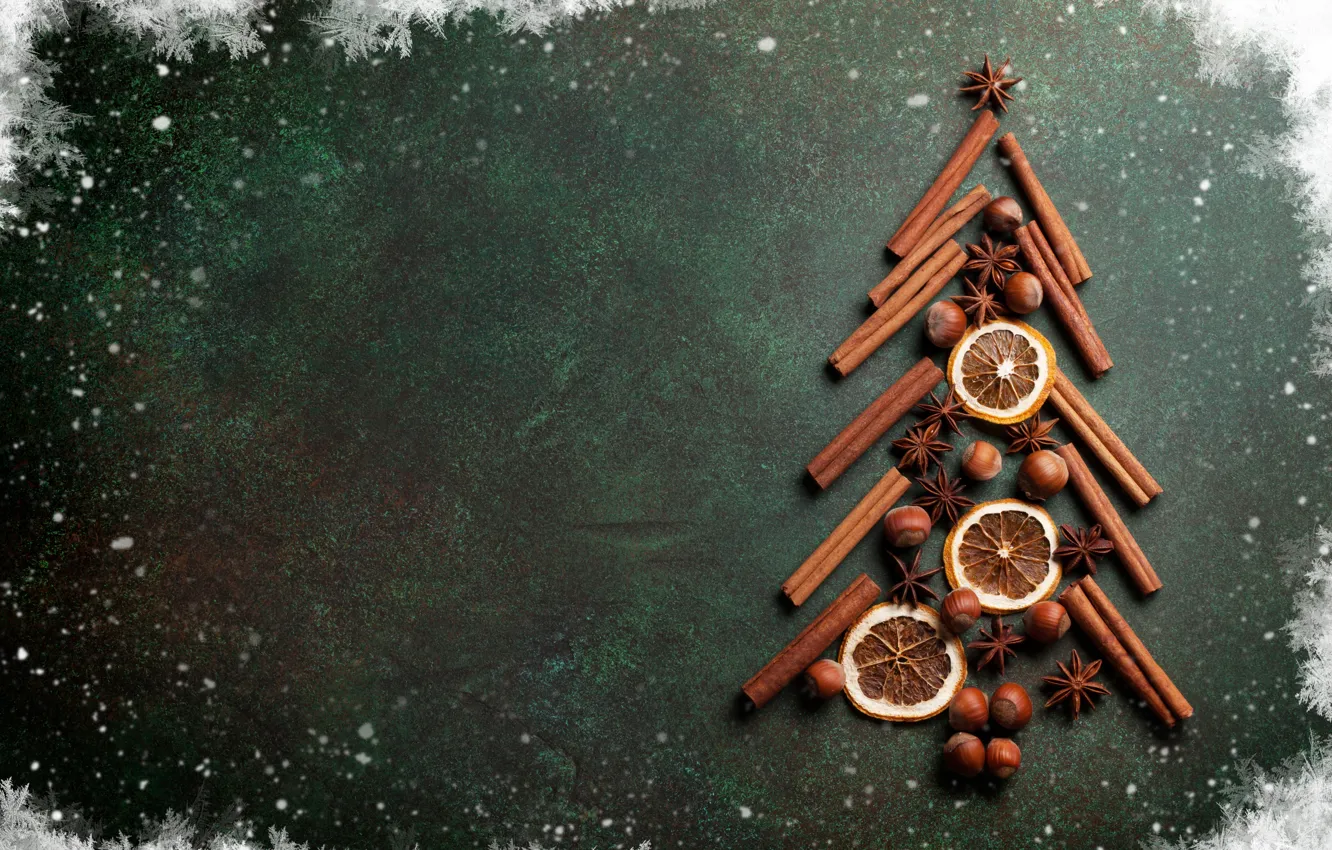 Photo wallpaper decoration, snowflakes, tree, sticks, New Year, Christmas, nuts, cinnamon