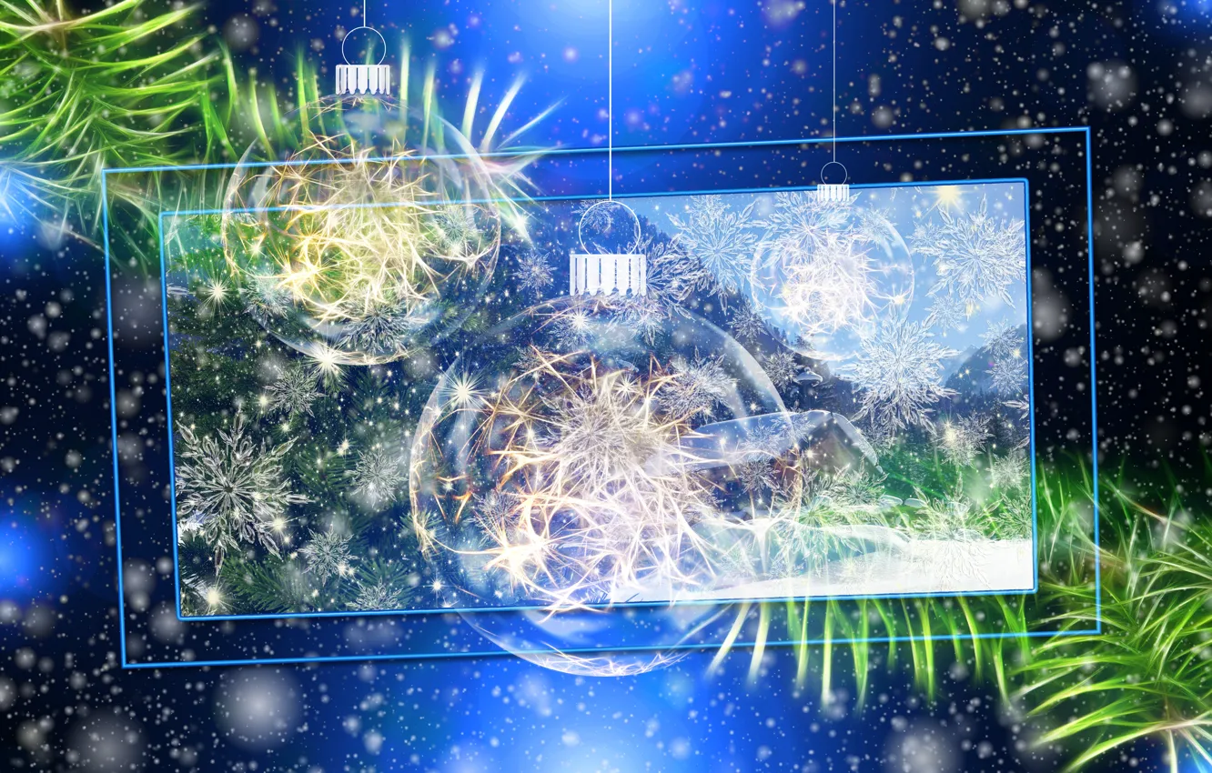 Photo wallpaper balls, snowflakes, branches, new year, needles