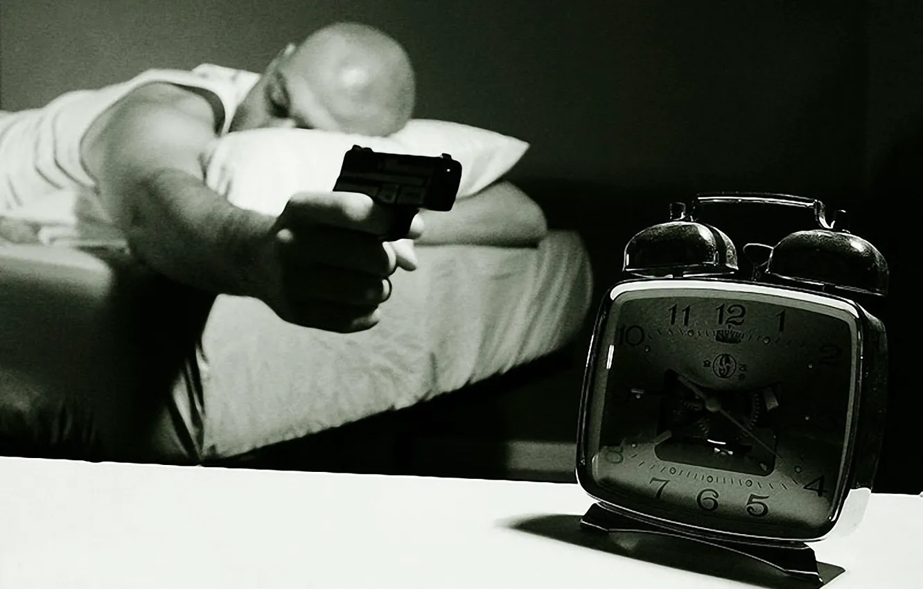 Photo wallpaper gun, alarm clock, sleeping