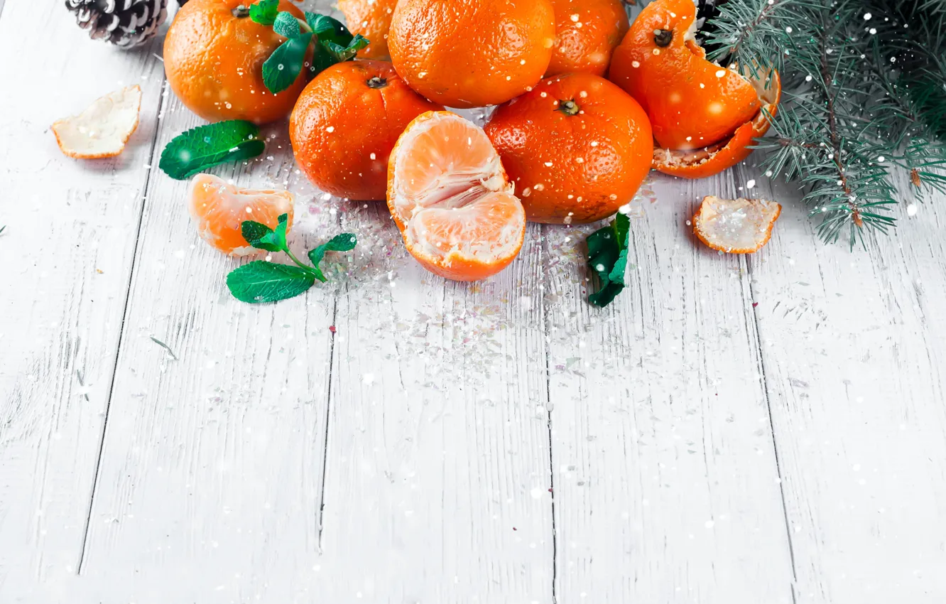 Photo wallpaper decoration, new year, Christmas, Christmas, wood, winter, snow, fruit