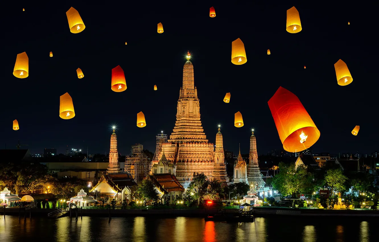 Photo wallpaper night, the city, river, holiday, the evening, Thailand, temple, Bangkok