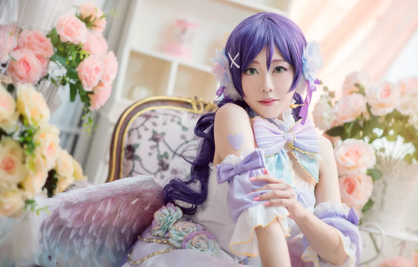 Photo wallpaper look, girl, light, flowers, face, pose, style, background