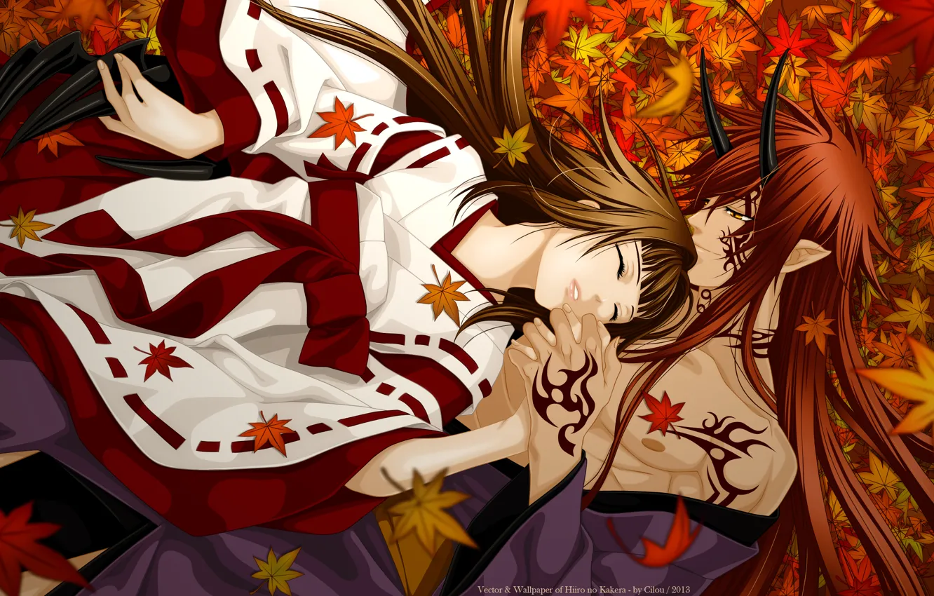 Photo wallpaper girl, anime, the demon, art, horns, guy, kimono, tattoo