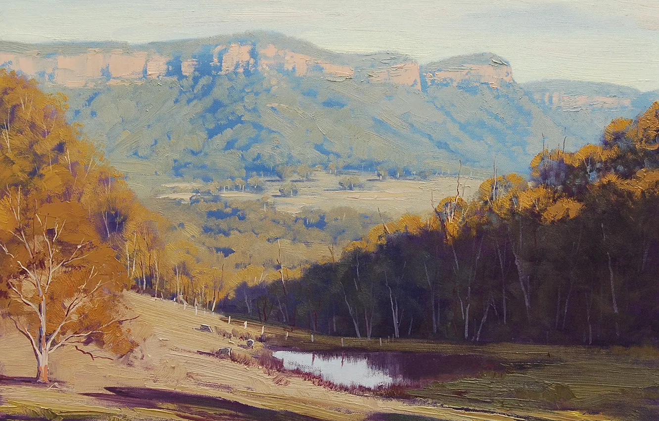 Photo wallpaper autumn, water, trees, nature, pond, hills, puddle, art