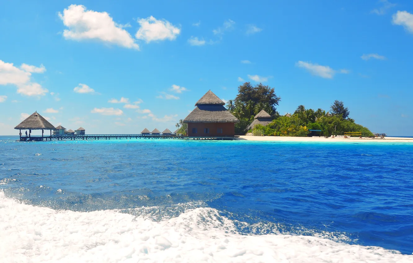 Photo wallpaper sea, the sky, palm trees, the ocean, island, Bungalow