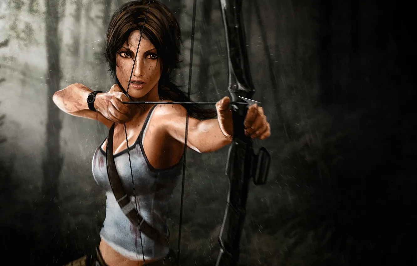 Photo wallpaper forest, rain, shot, bow, Tomb Raider, Lara Croft