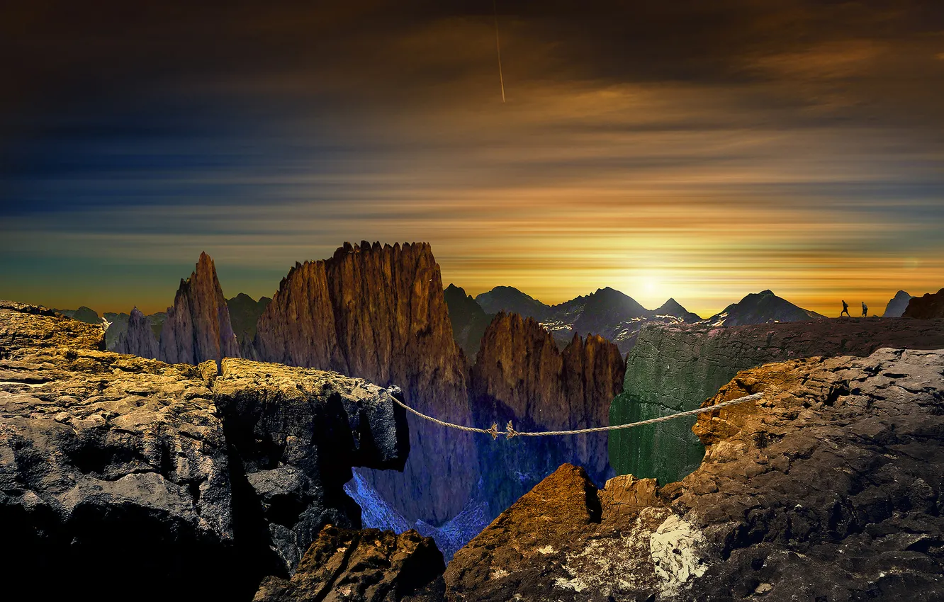 Photo wallpaper sunset, mountains, rope