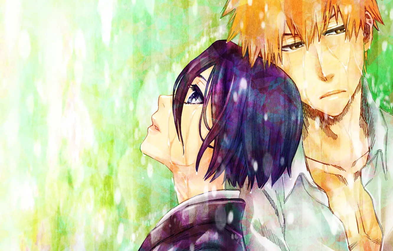 Photo wallpaper girl, rain, guy, Bleach, Ichigo Kurosaki, Kuchiki Rukia