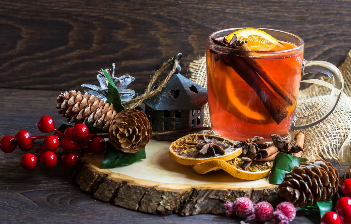 Photo wallpaper trees, branches, berries, lemon, tea, Cup, cinnamon, bumps