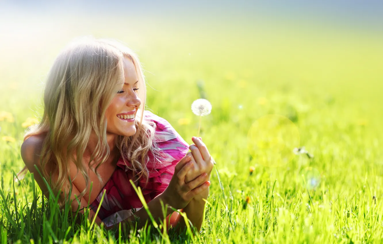 Photo wallpaper field, summer, girl, smile, dandelion, dress, pink, blonde