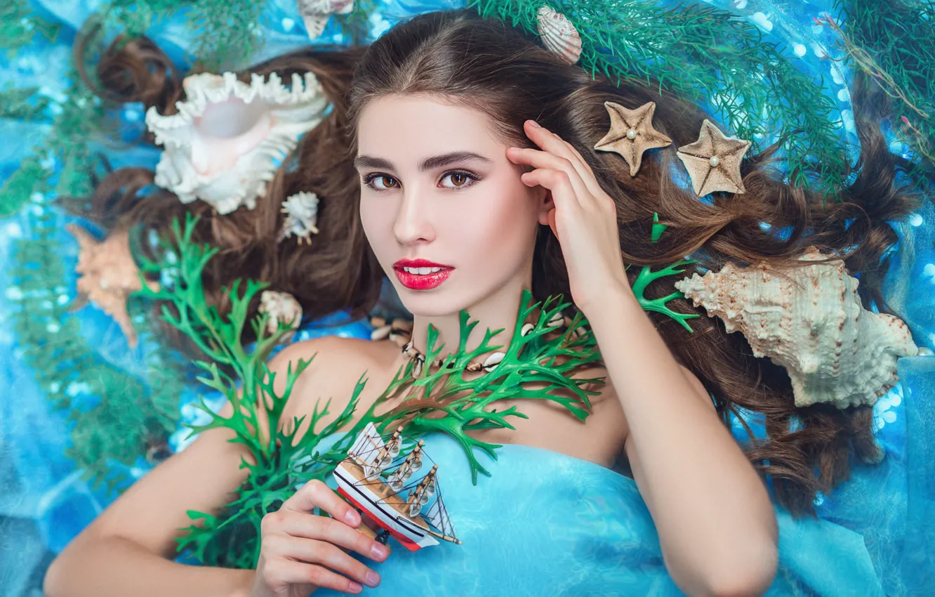 Photo wallpaper look, girl, pose, portrait, shell, brown hair, marine style, the little mermaid