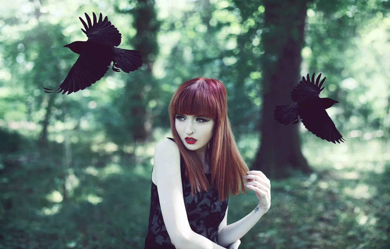 Photo wallpaper girl, birds, crows, redhead