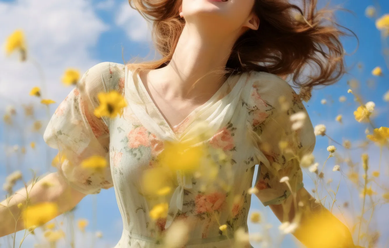 Photo wallpaper girl, joy, happiness, flowers, smile, hair, dress, digital art