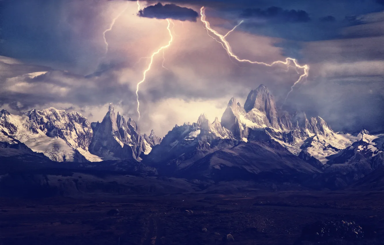 Photo wallpaper light, mountains, lightning